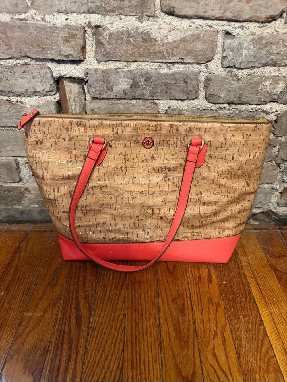 Anne Klein Cork Tote with Coral Trim and Coral Base